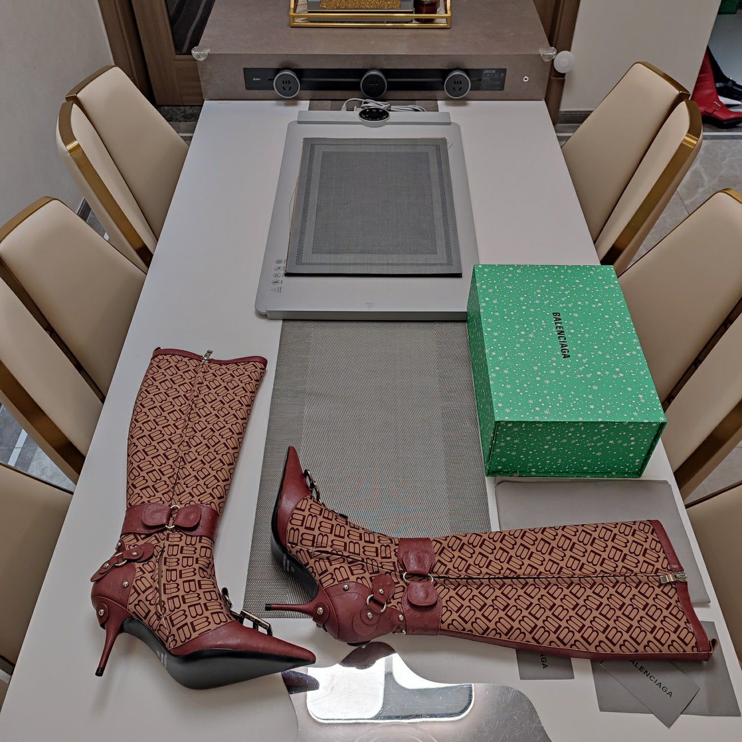 Balmain Croc-Embossed Leather Knee-High Boots with Stiletto Heel