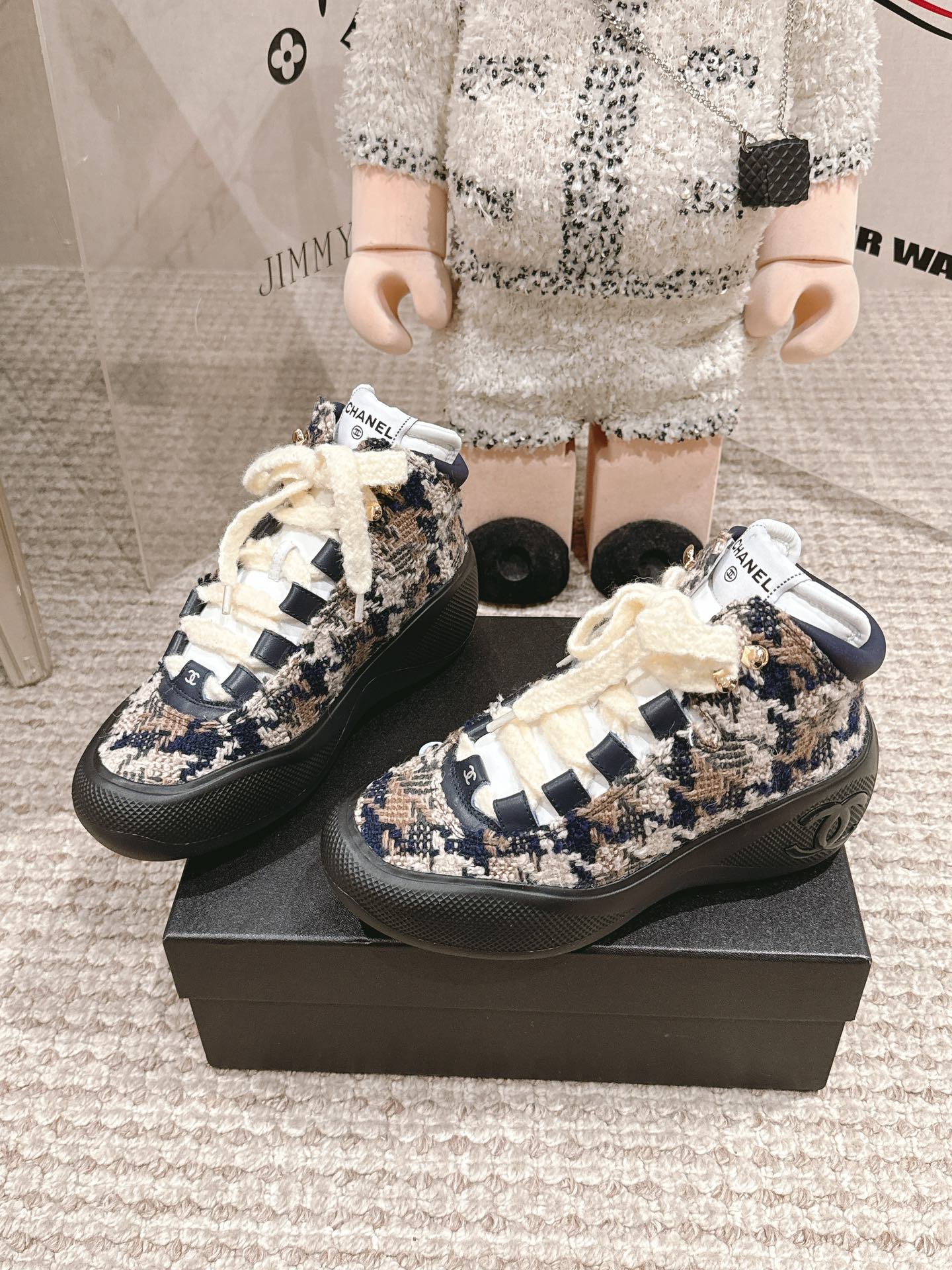 Chanel Chanel Brand New White CC Black Tweet Ski Boots with Spikes