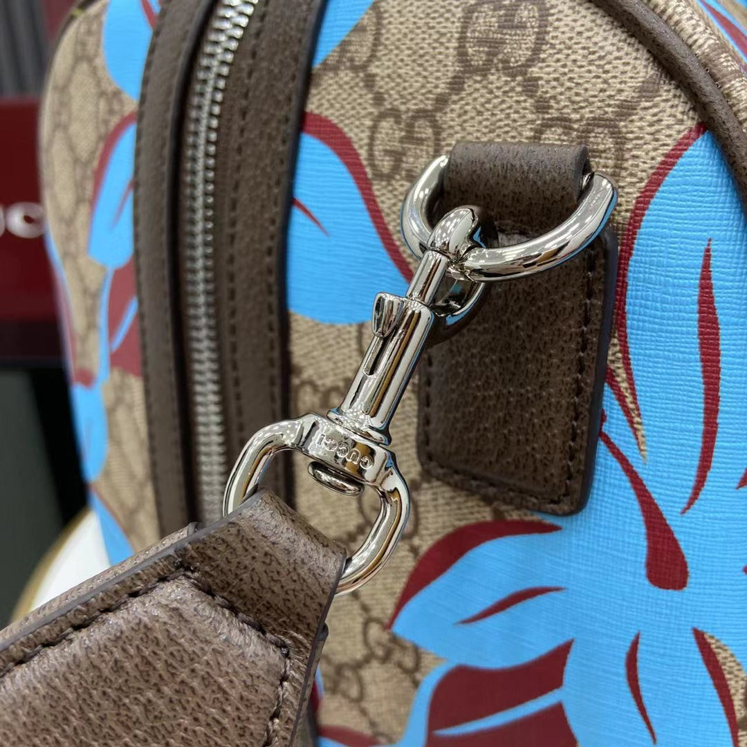 Gucci Floral GG Supreme Duffle Bag – Beige & Dark Brown with Blue Print