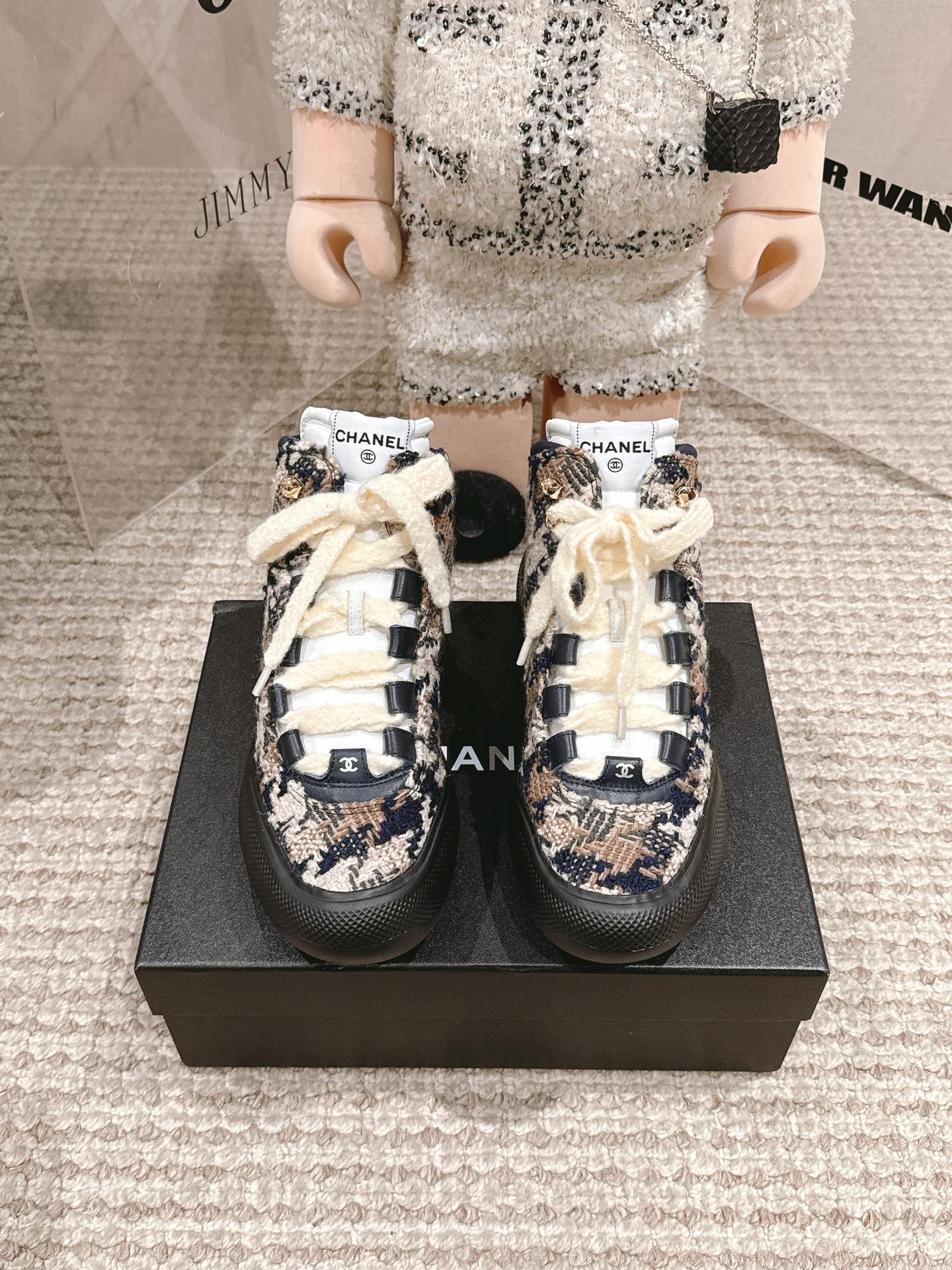 Chanel Chanel Brand New White CC Black Tweet Ski Boots with Spikes