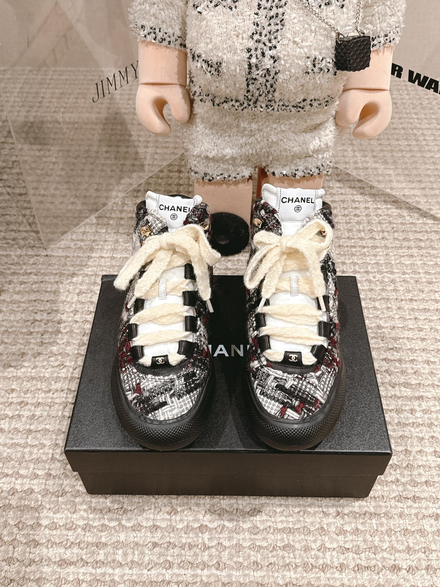 Chanel Chanel Brand New White CC Black Tweet Ski Boots with Spikes