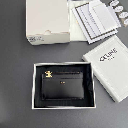 Celine Zipped Card Holder Triomphe Charms in Grained Calfskin