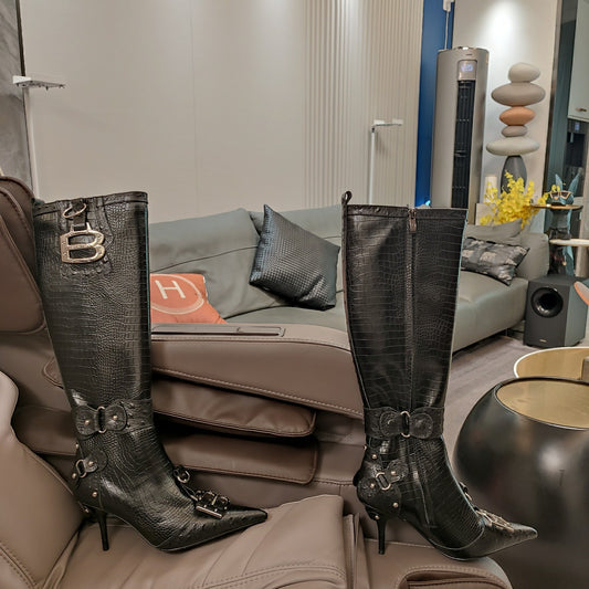 Balmain Croc-Embossed Leather Knee-High Boots with Stiletto Heel