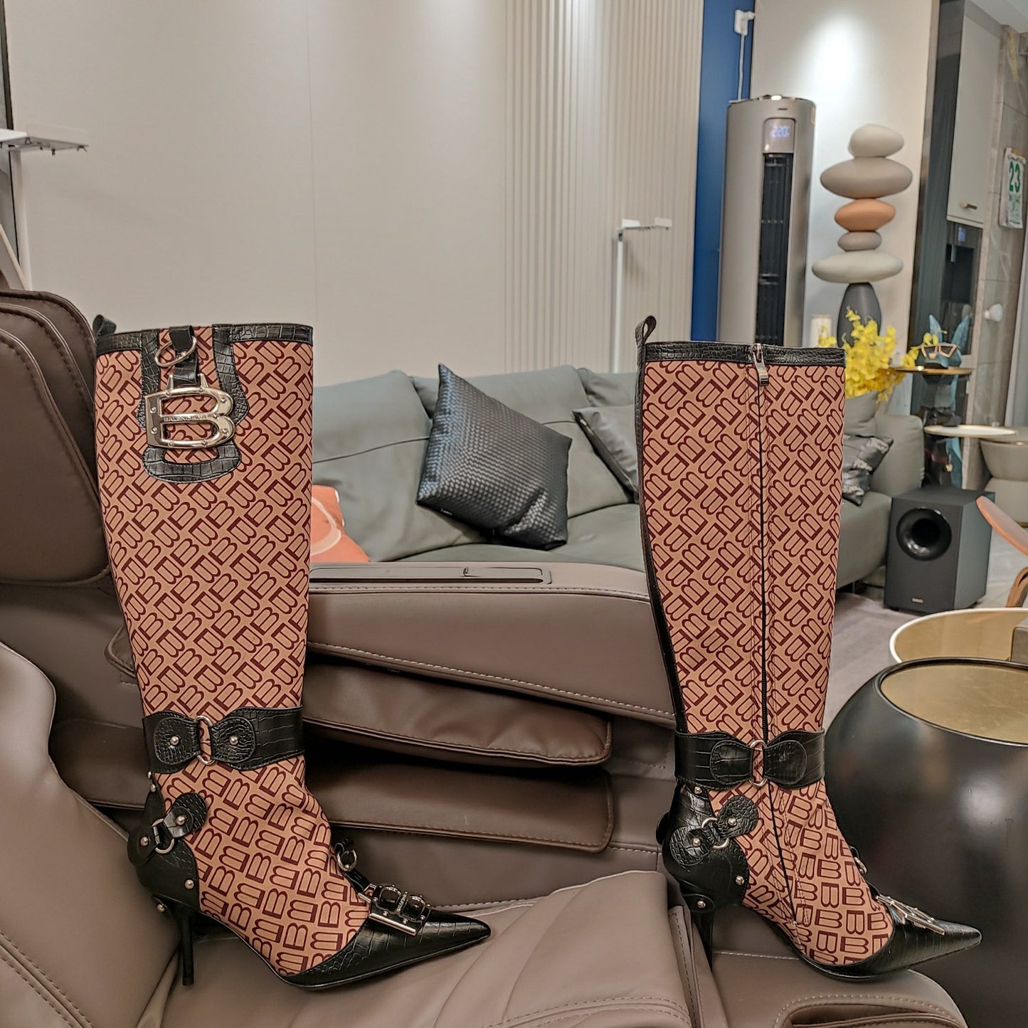 Balmain Croc-Embossed Leather Knee-High Boots with Stiletto Heel