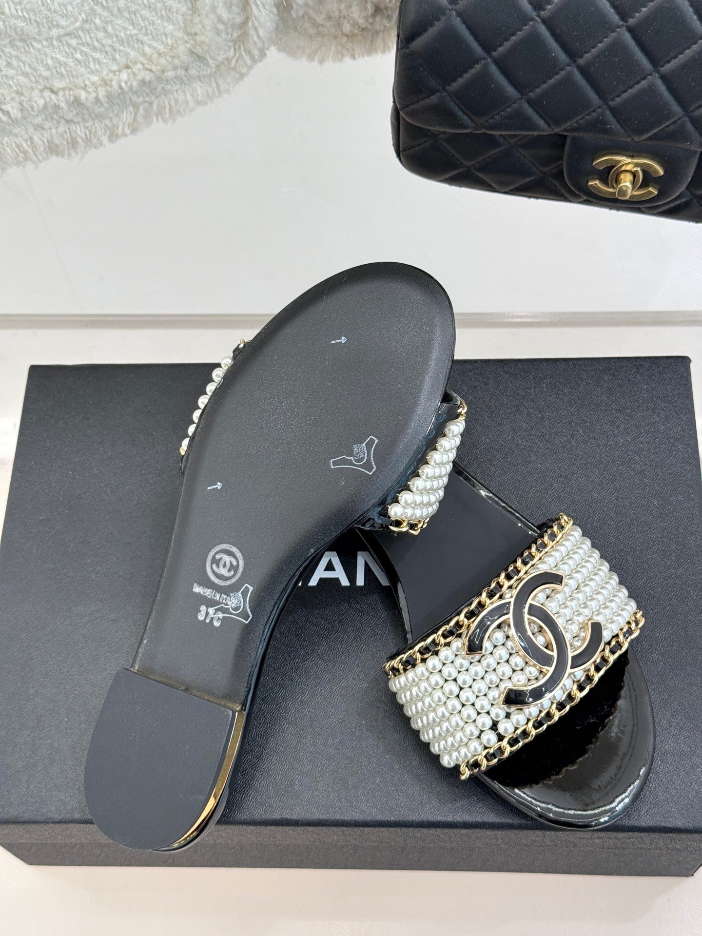 Chanel Pearl Embrace Lambskin Slides