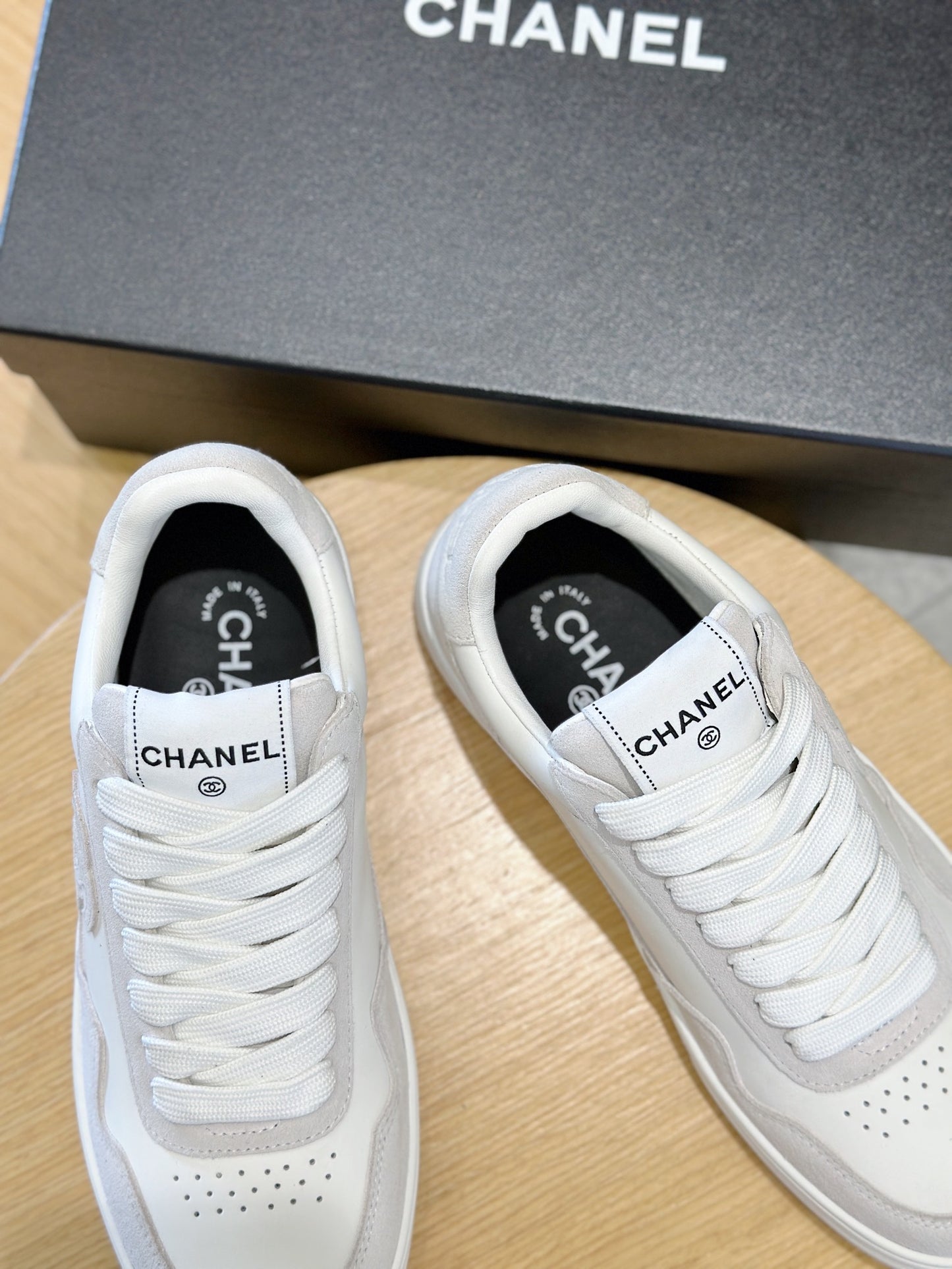 Chanel Tweed Lace Up High Top Sneakers