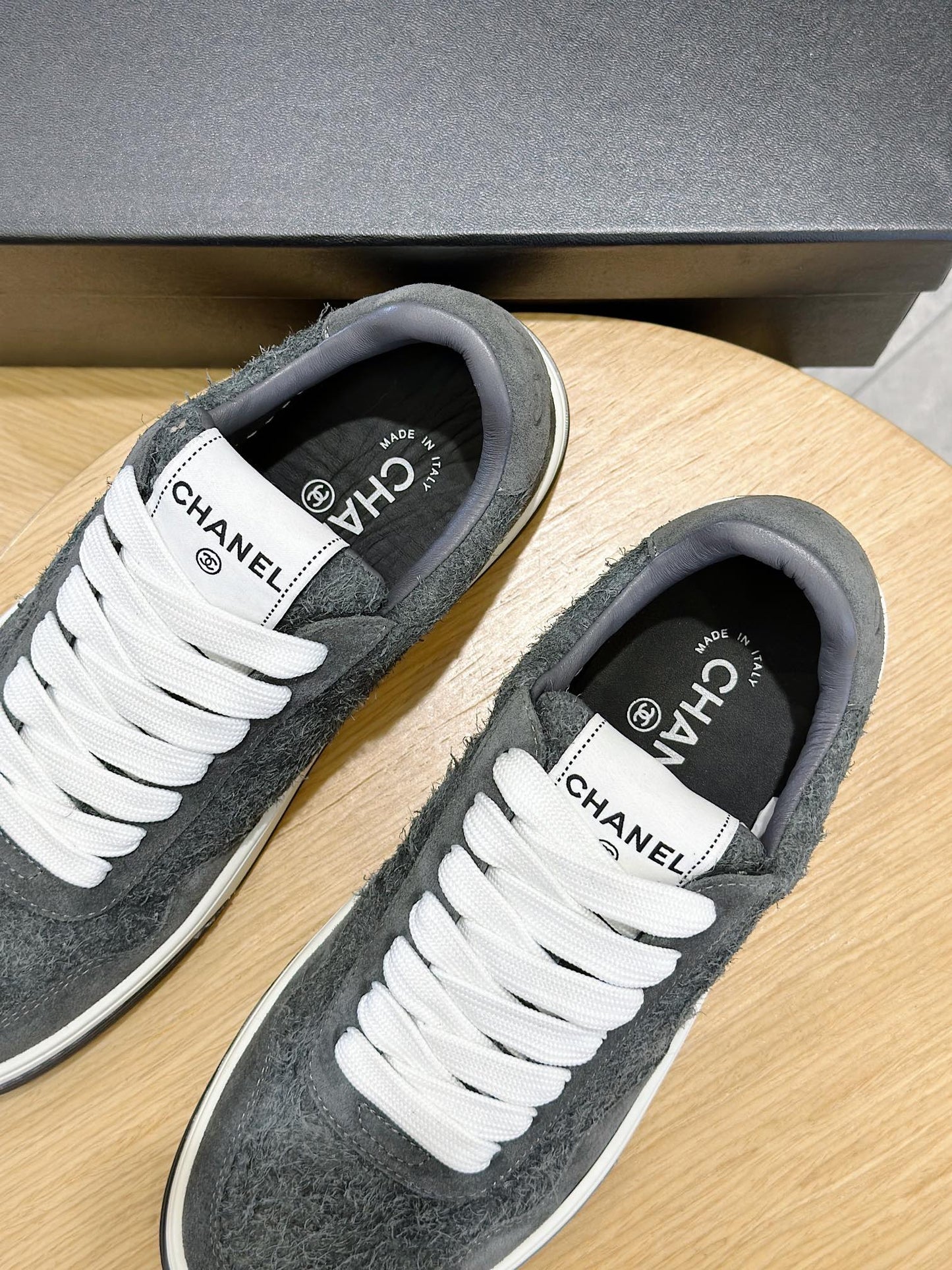 Chanel Tweed Lace Up High Top Sneakers