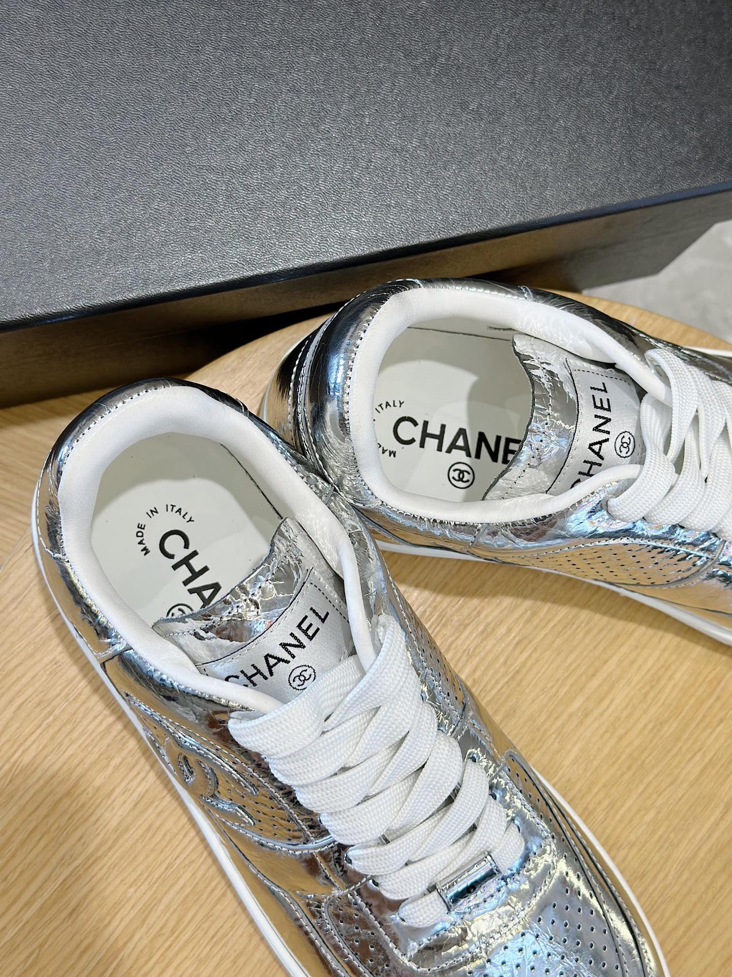 Chanel Tweed Lace Up High Top Sneakers