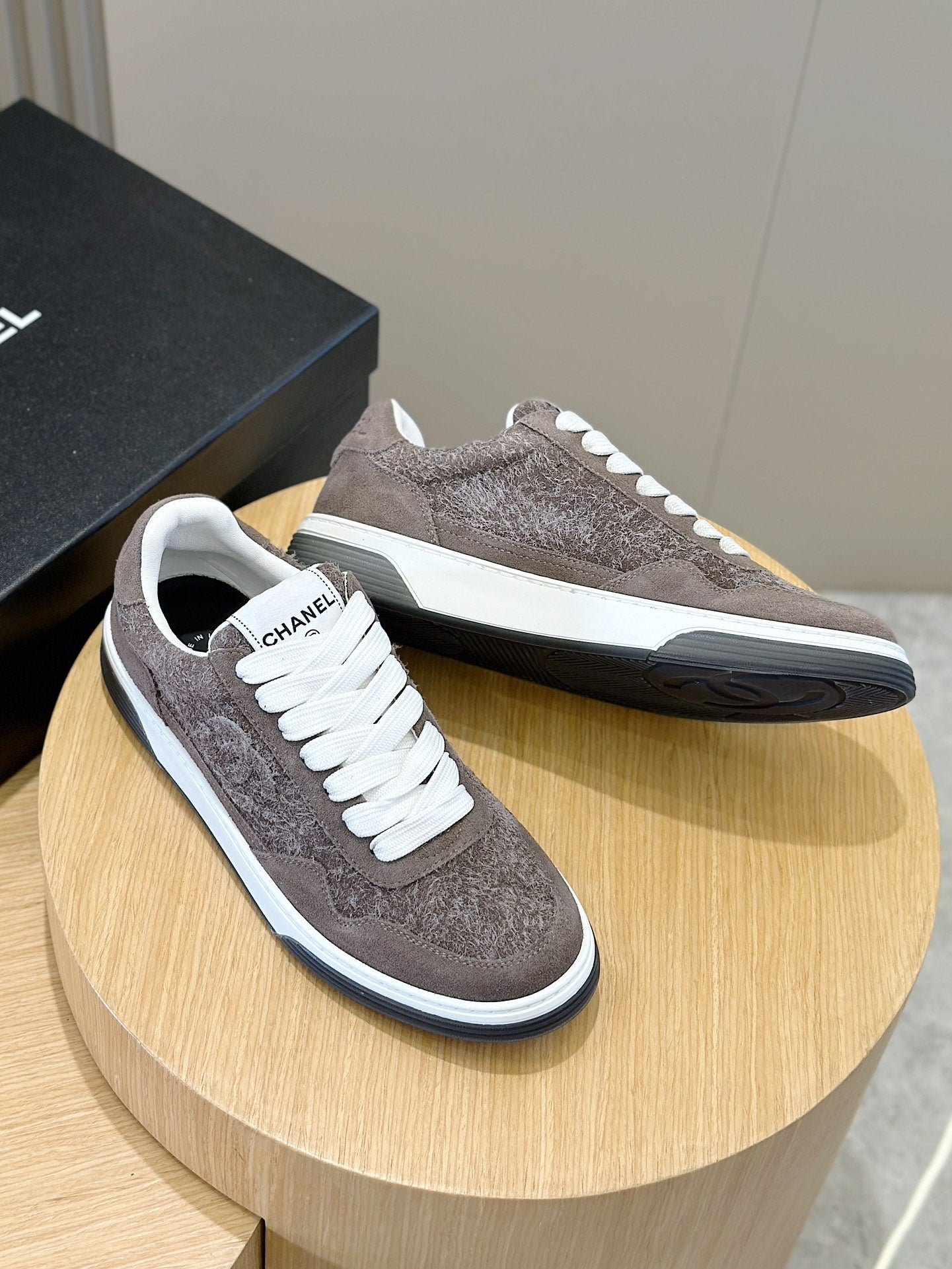 Chanel Tweed Lace Up High Top Sneakers