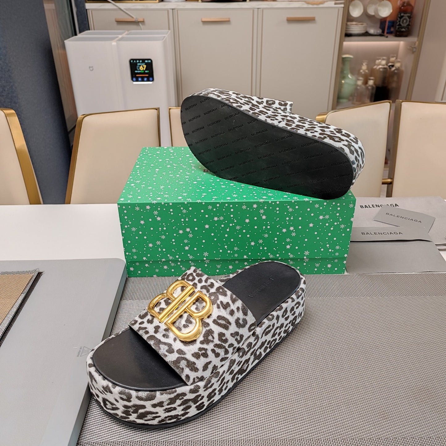 Balenciaga Leopard Print Platform Slides with Bold Logo
