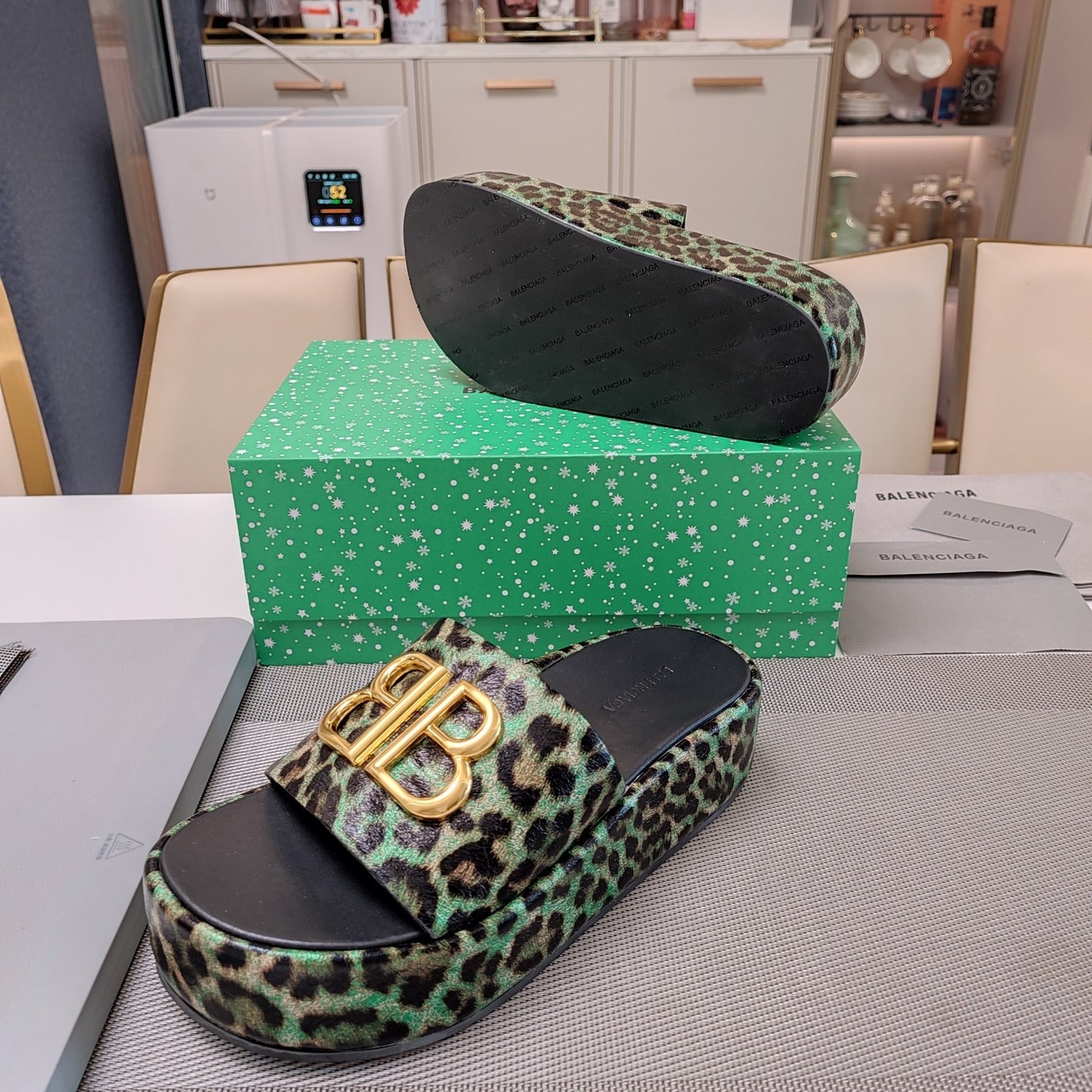 Balenciaga Leopard Print Platform Slides with Bold Logo