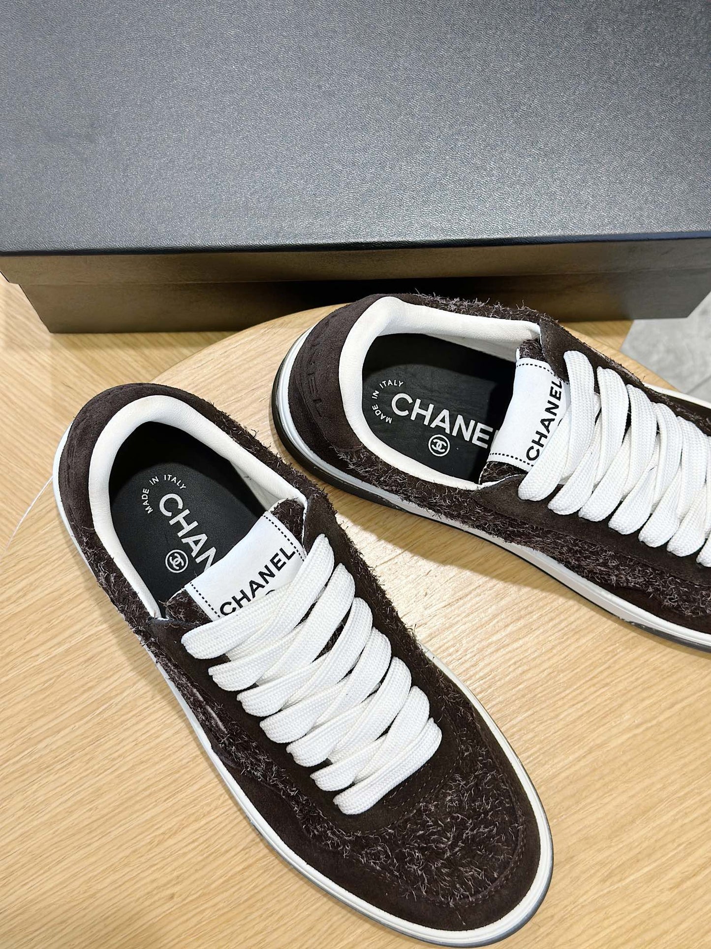 Chanel Tweed Lace Up High Top Sneakers