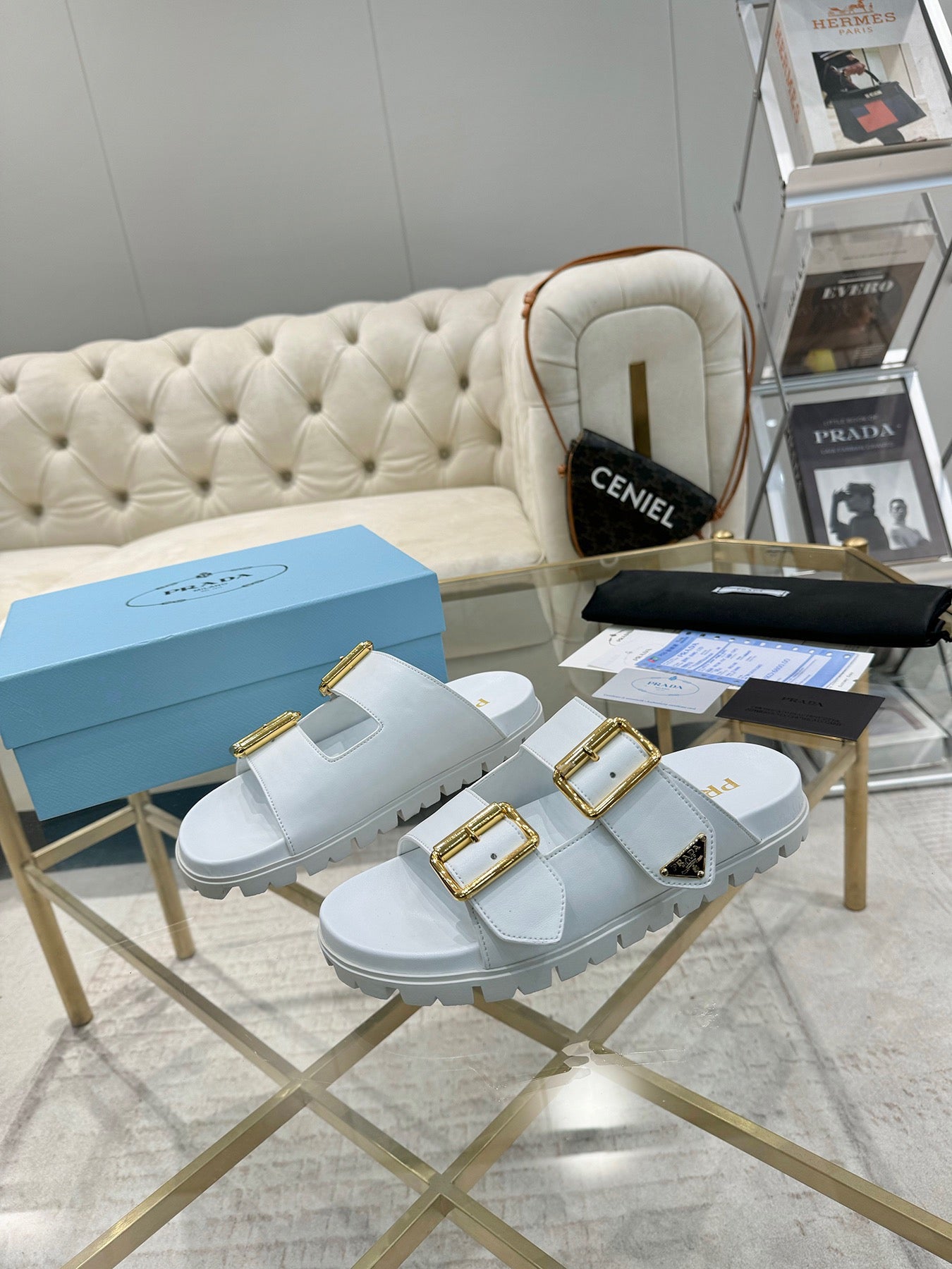 Prada Rebecca Luxe Leather Slides