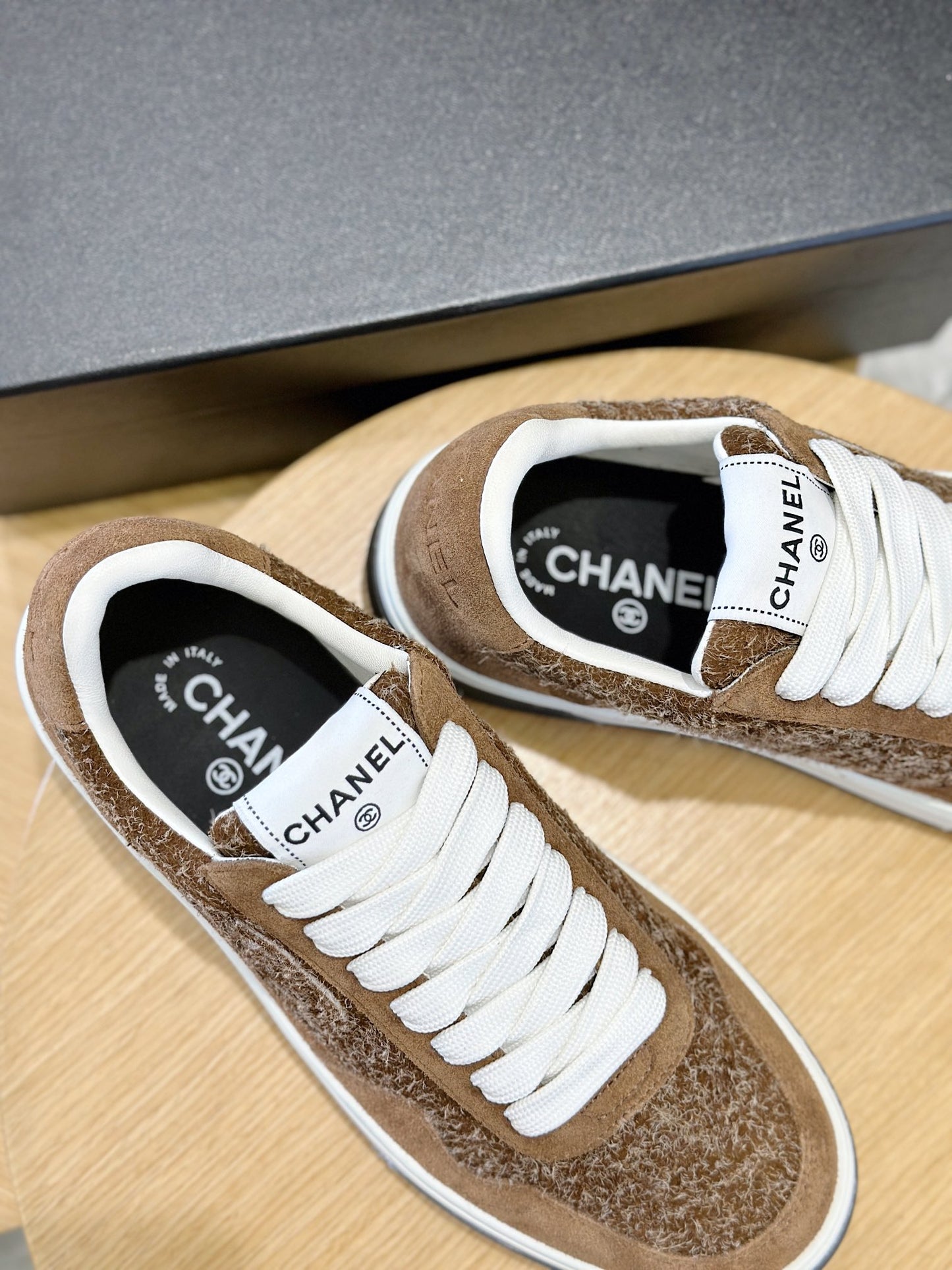 Chanel Tweed Lace Up High Top Sneakers