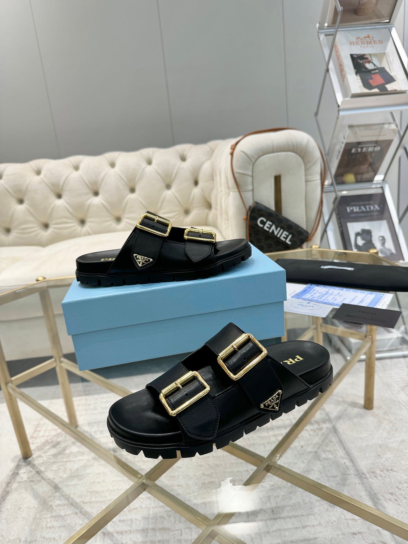 Prada Rebecca Luxe Leather Slides