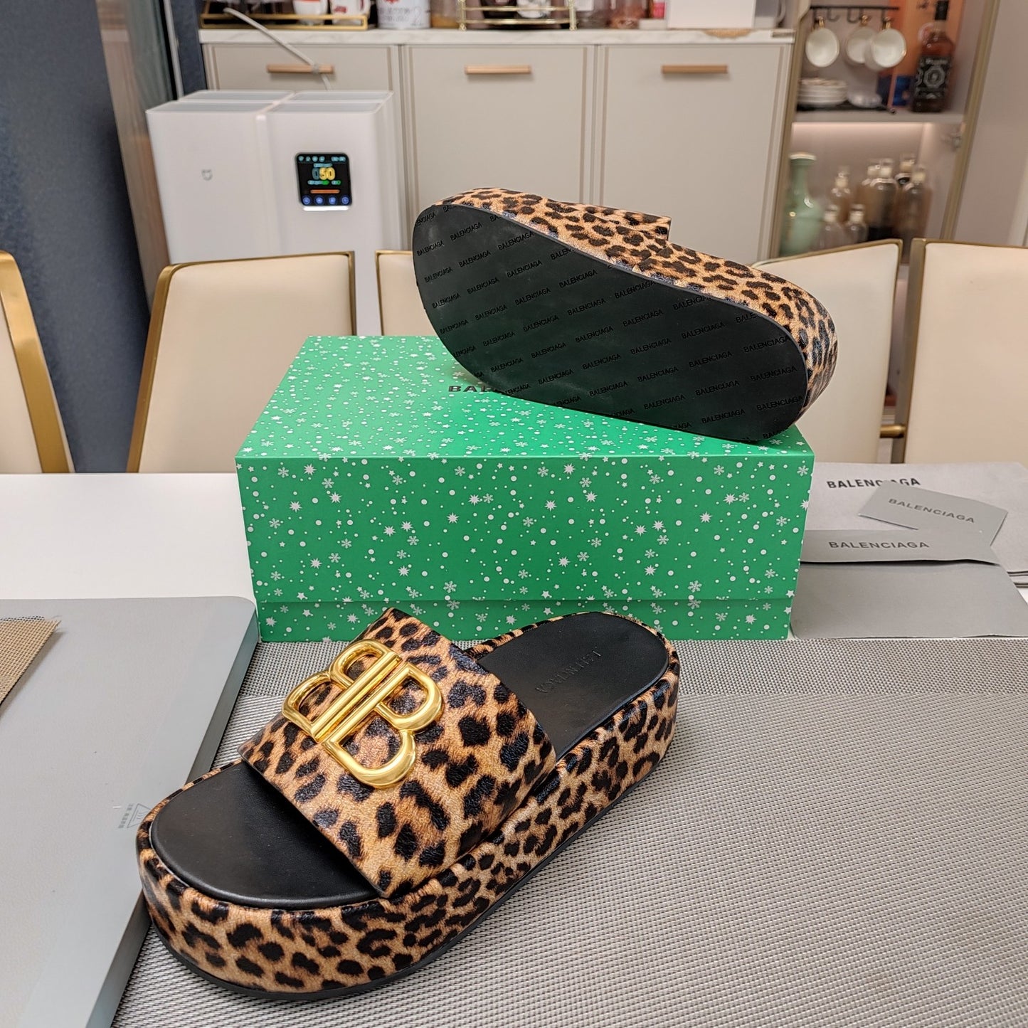 Balenciaga Leopard Print Platform Slides with Bold Logo