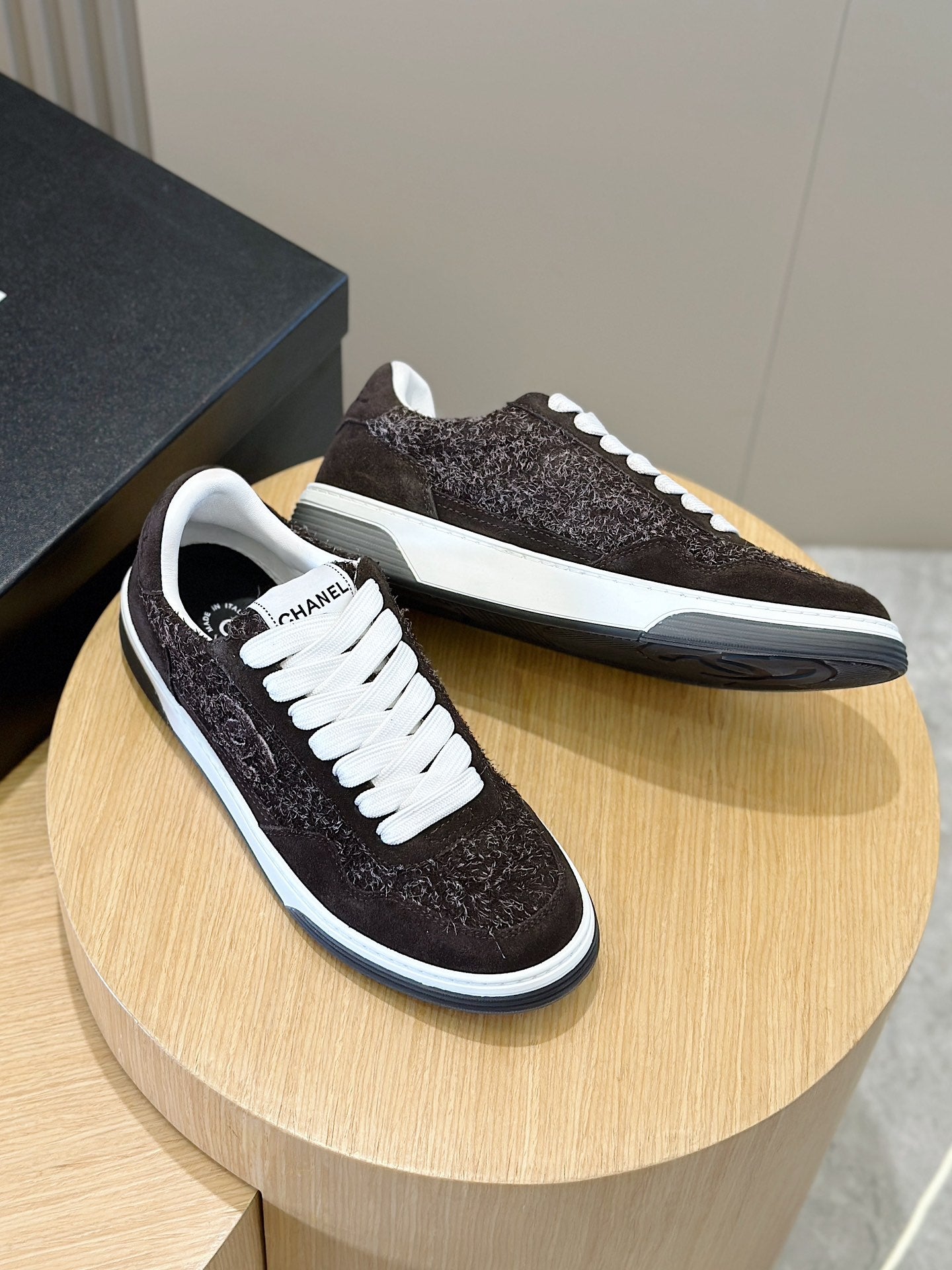 Chanel Tweed Lace Up High Top Sneakers