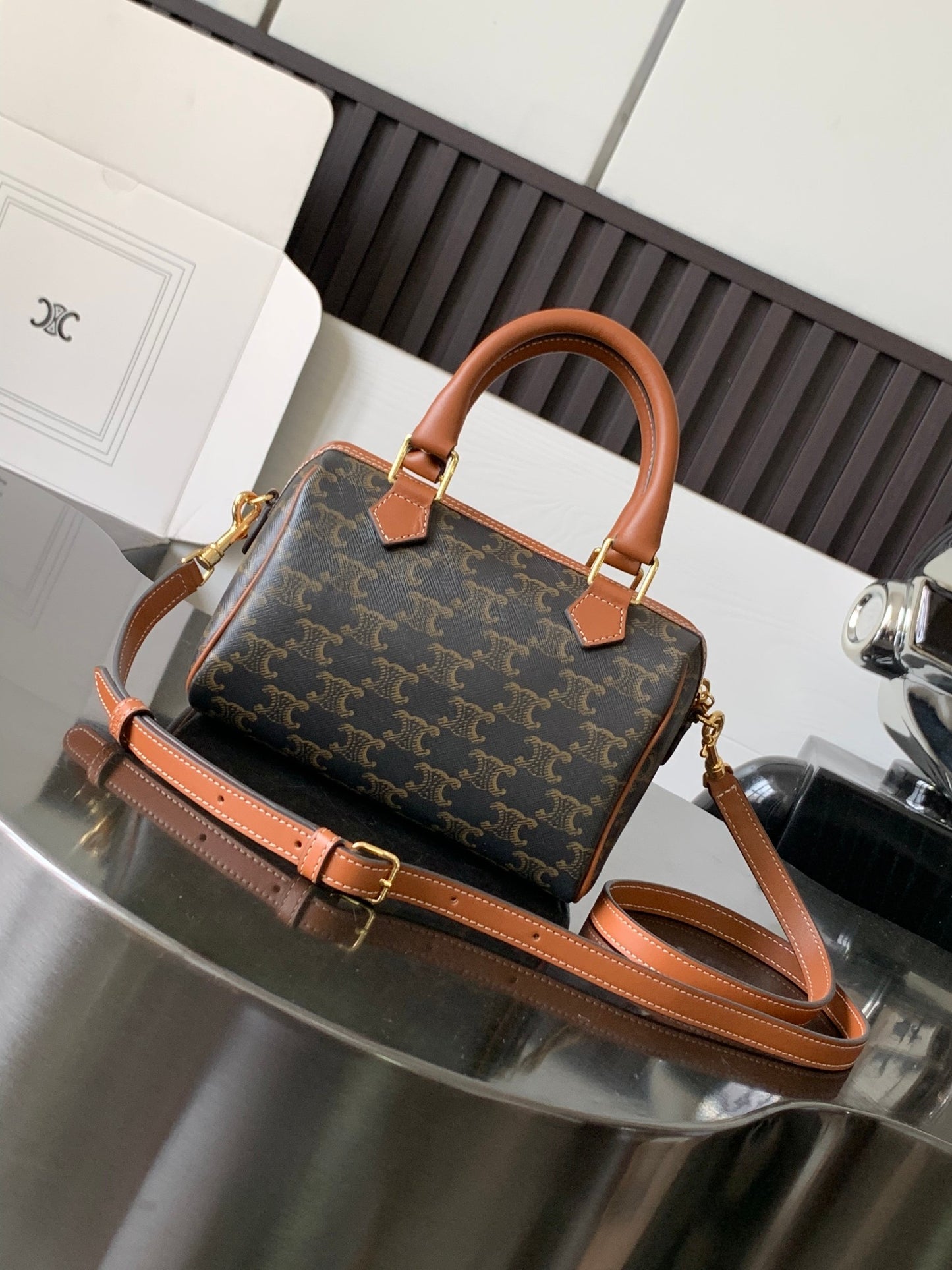 Celine Small Boston in Triomphe Canvas and calfskin