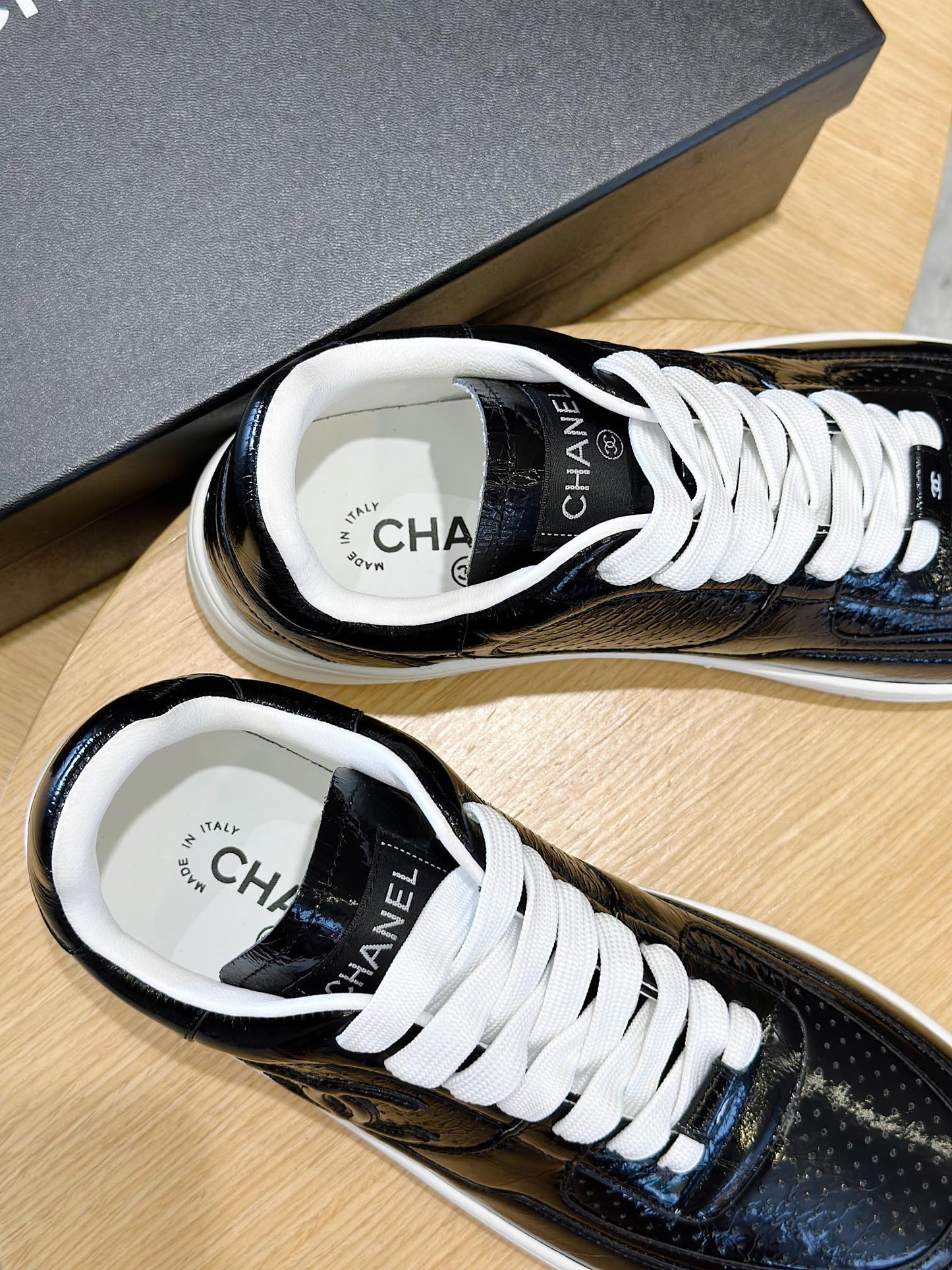 Chanel Tweed Lace Up High Top Sneakers