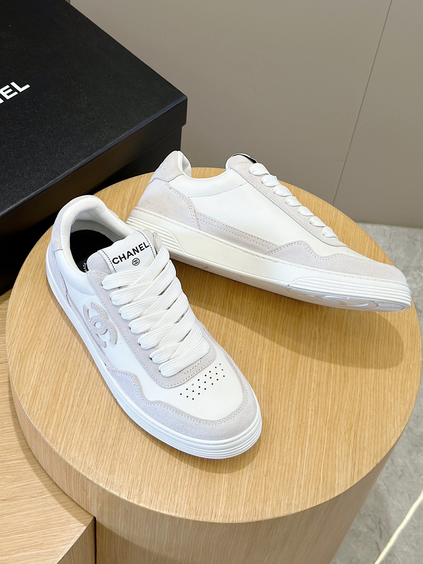 Chanel Tweed Lace Up High Top Sneakers