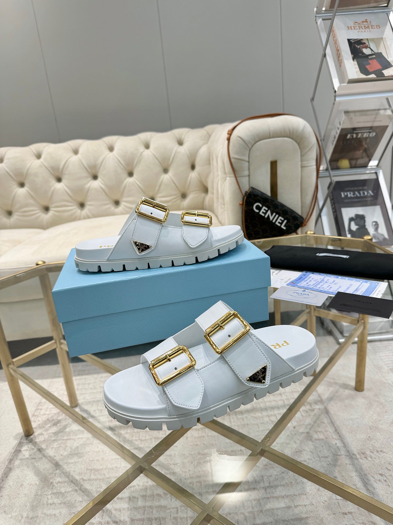 Prada Rebecca Luxe Leather Slides