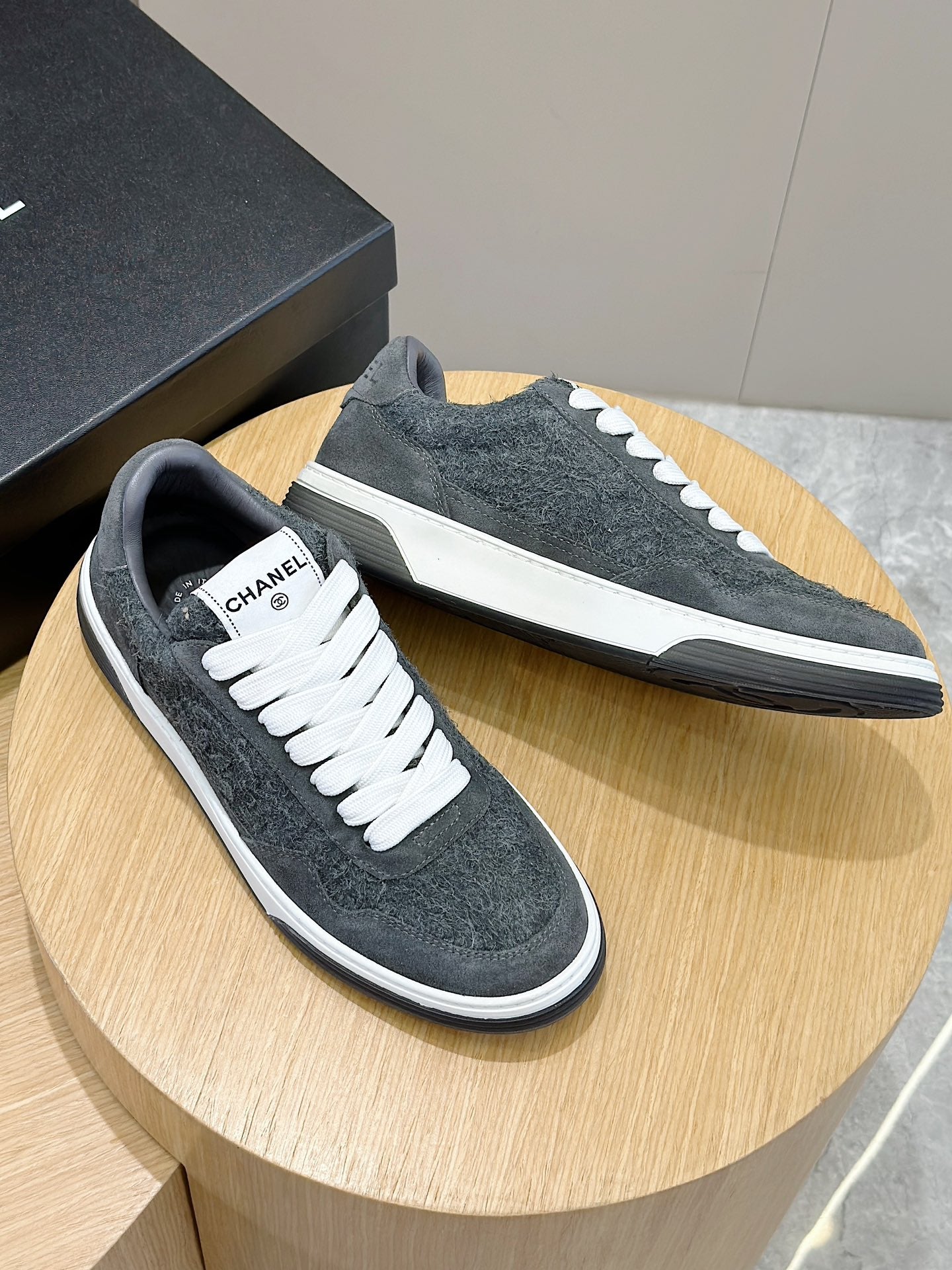 Chanel Tweed Lace Up High Top Sneakers