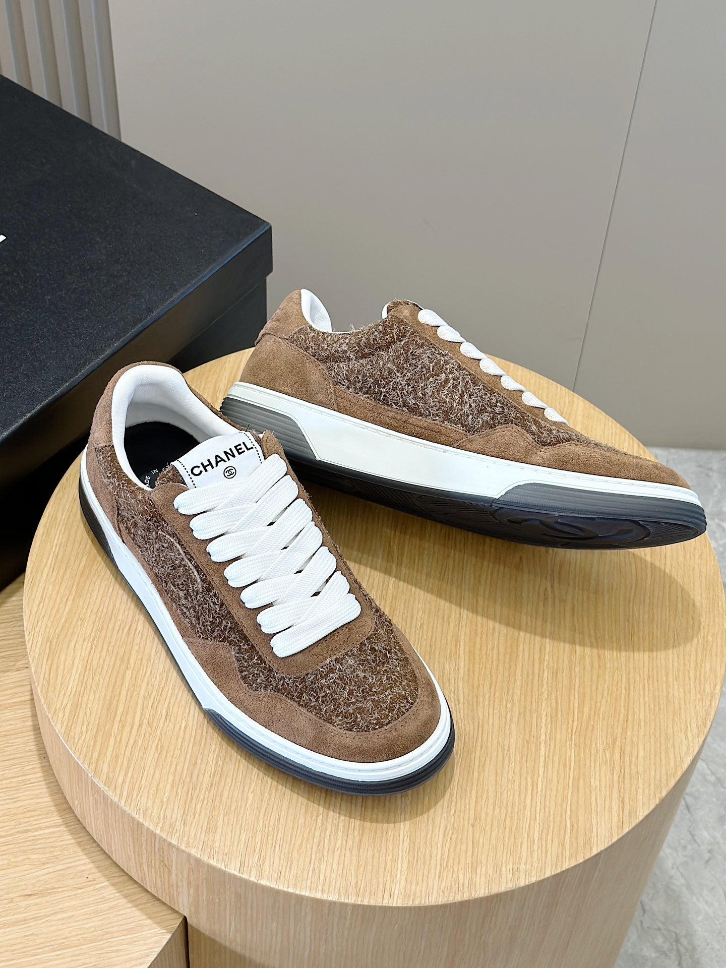 Chanel Tweed Lace Up High Top Sneakers