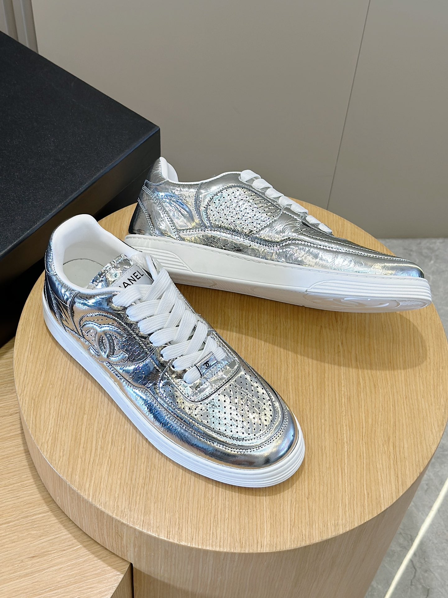 Chanel Tweed Lace Up High Top Sneakers