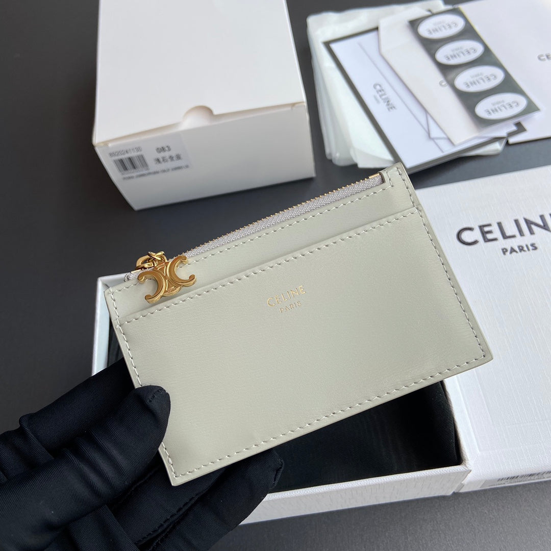 Celine Zipped Card Holder Triomphe Charms in Grained Calfskin