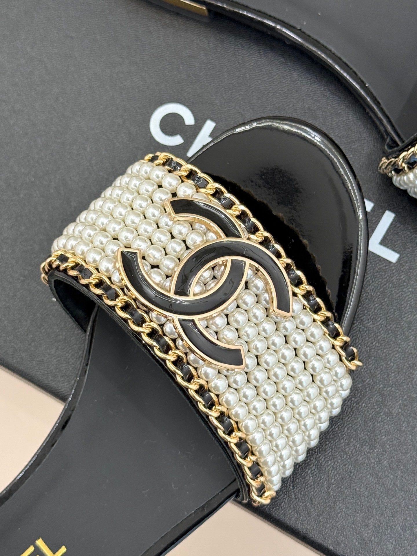 Chanel Pearl Embrace Lambskin Slides