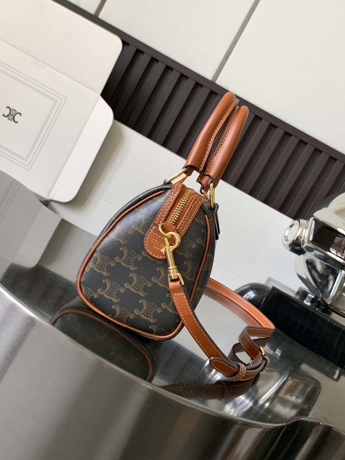 Celine Small Boston in Triomphe Canvas and calfskin