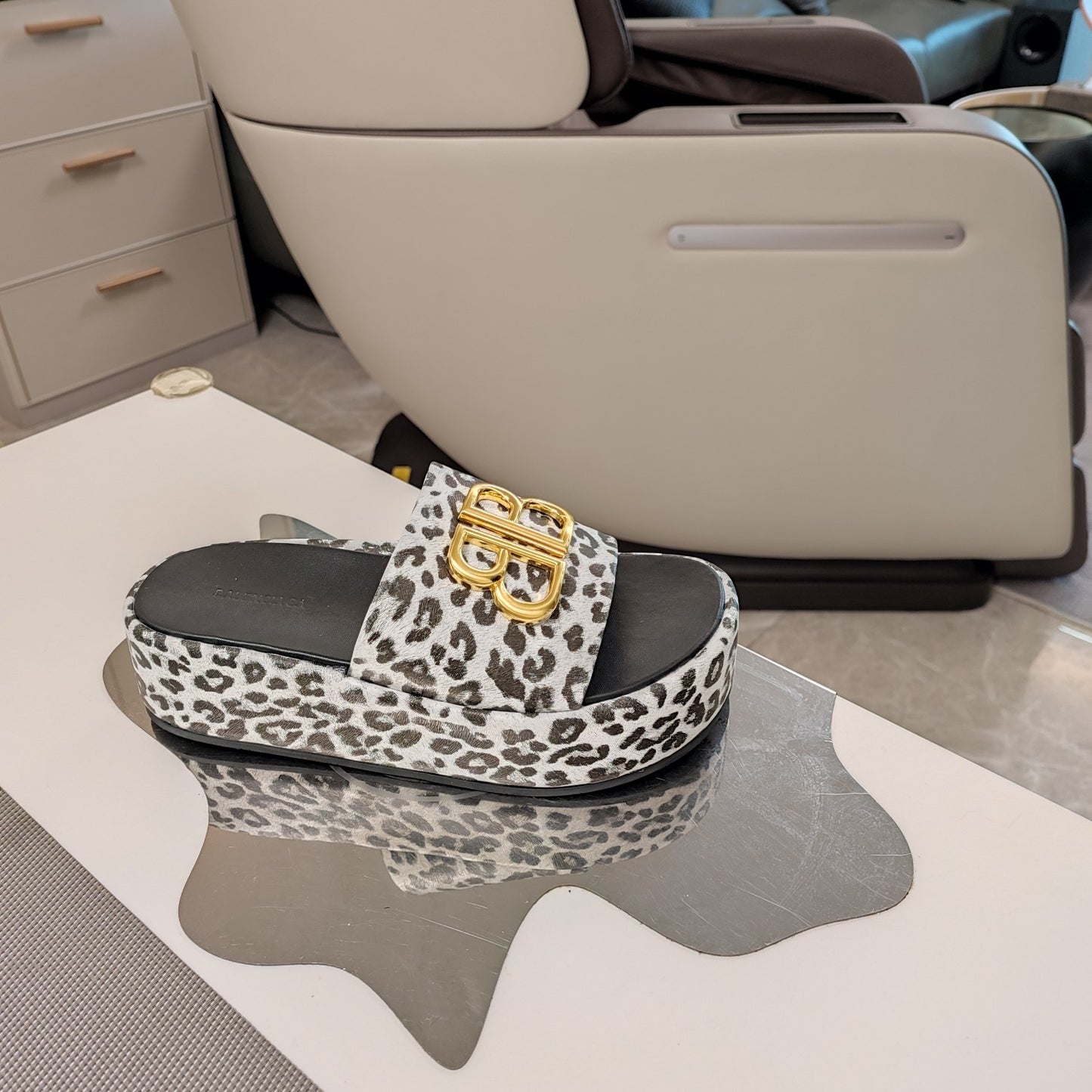 Balenciaga Leopard Print Platform Slides with Bold Logo