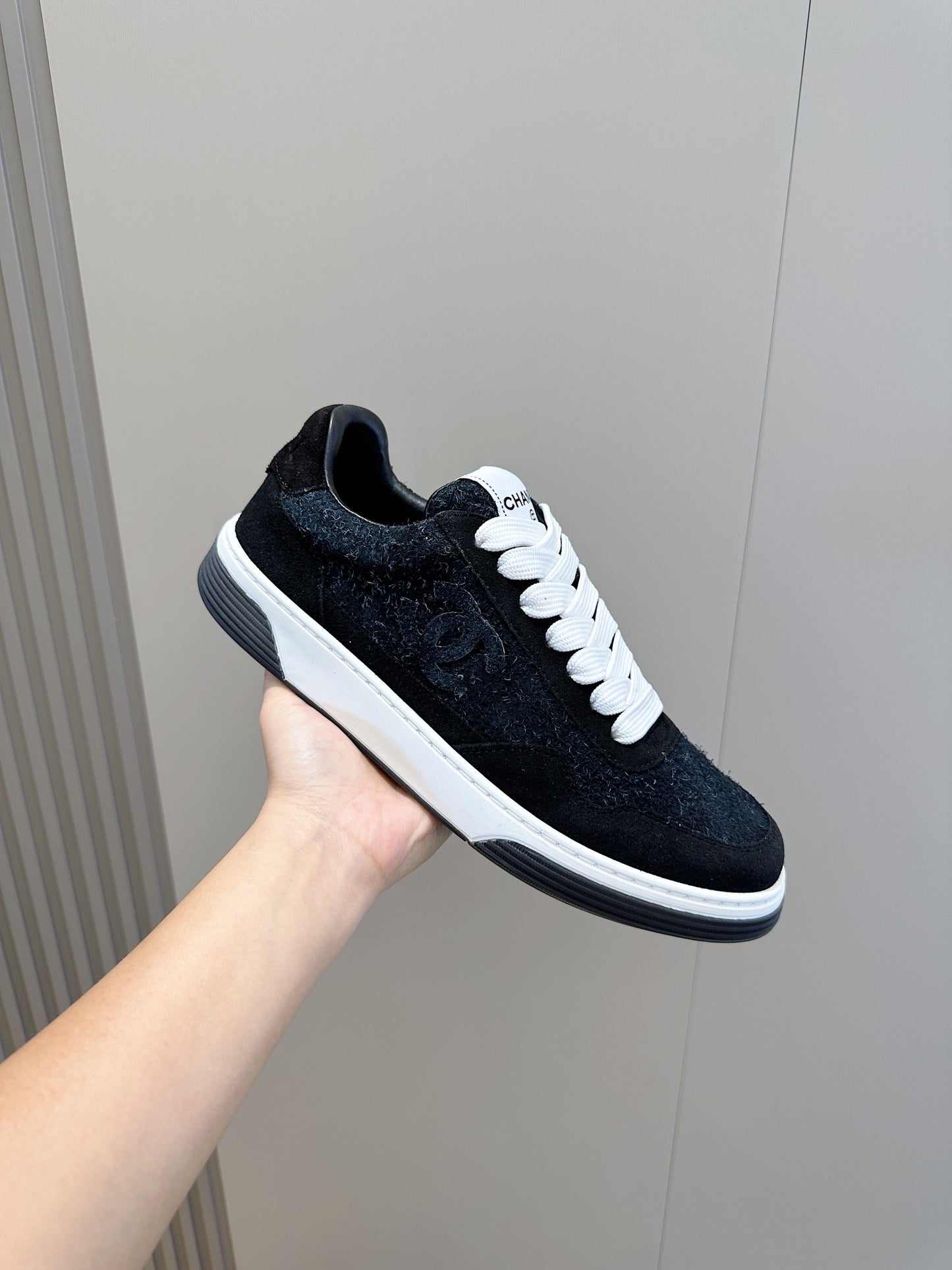 Chanel Tweed Lace Up High Top Sneakers