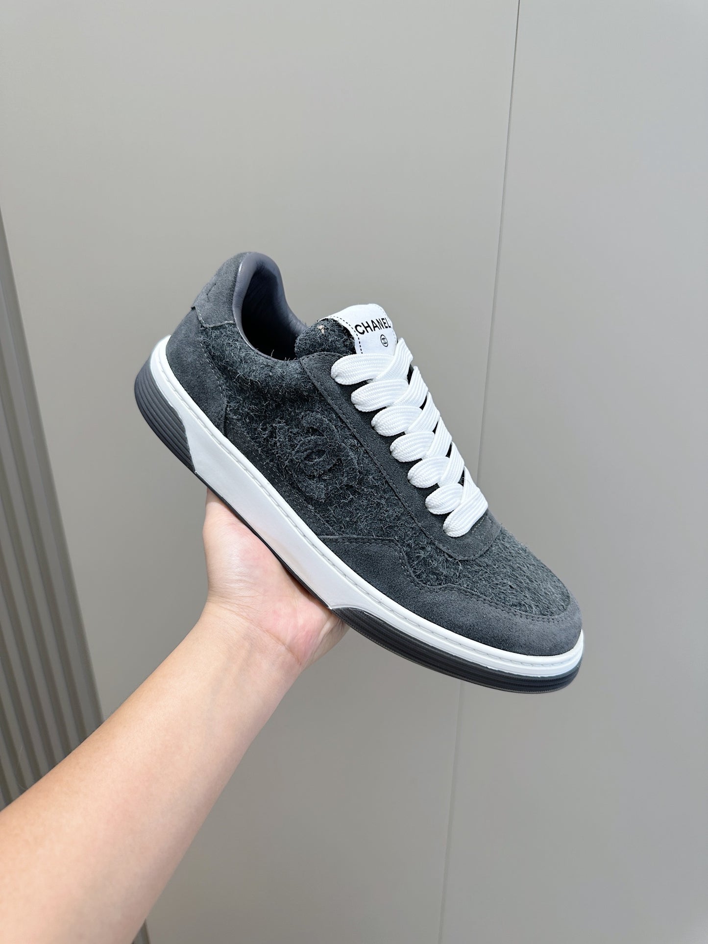 Chanel Tweed Lace Up High Top Sneakers