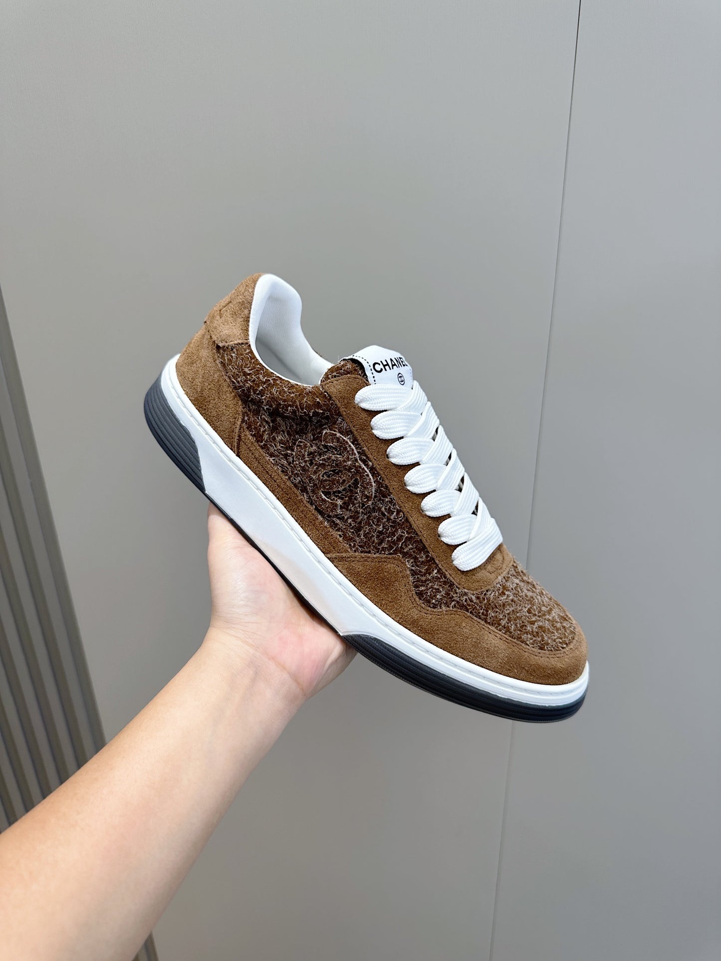 Chanel Tweed Lace Up High Top Sneakers