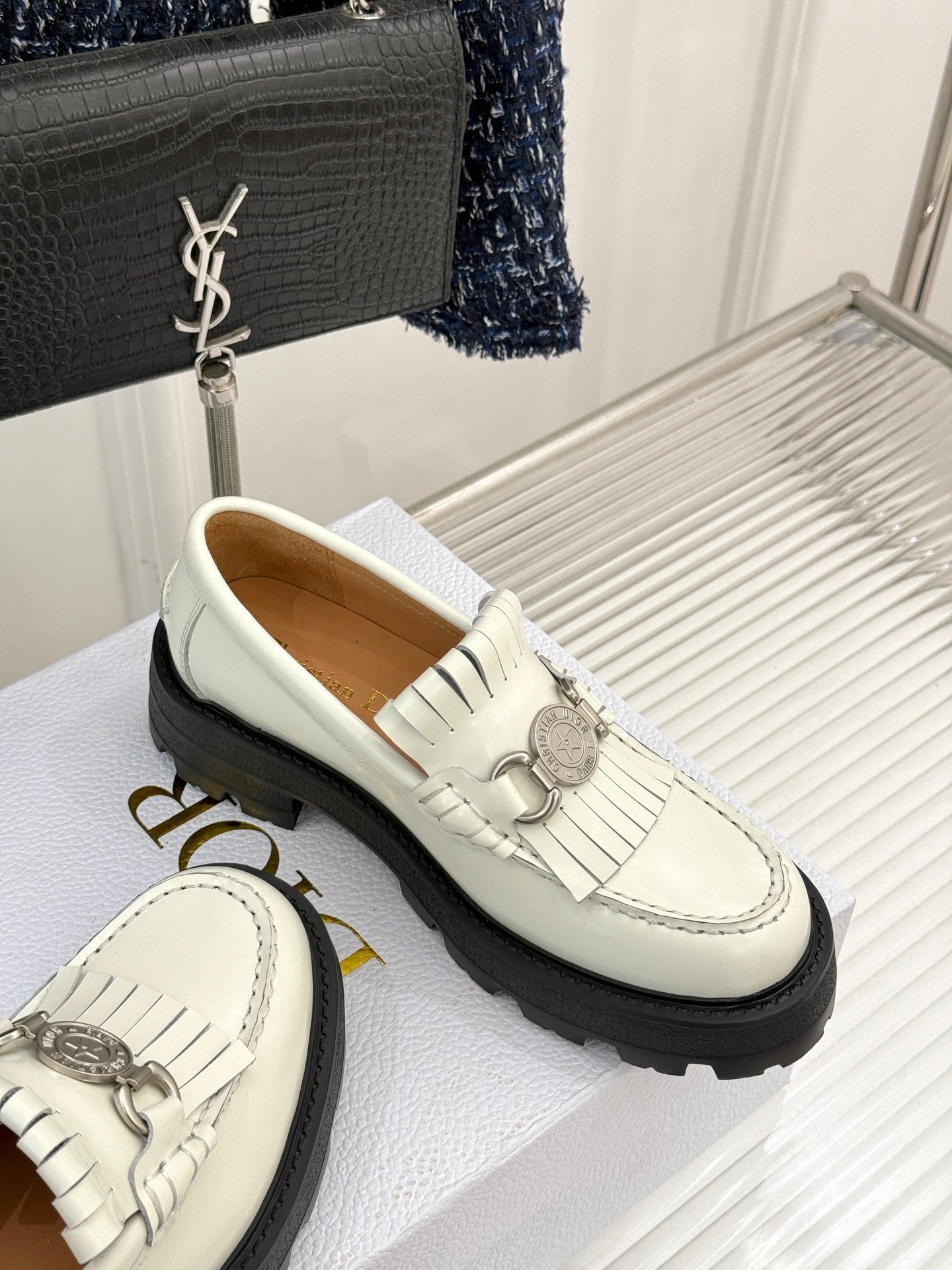 Dior Stuart Weitzman Mila Lift Pearl Leather Loafers | White | FARFETCH BH