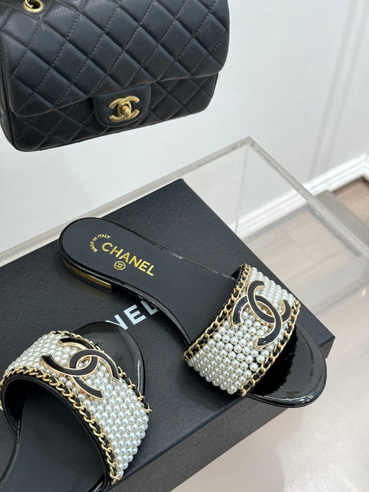 Chanel Pearl Embrace Lambskin Slides