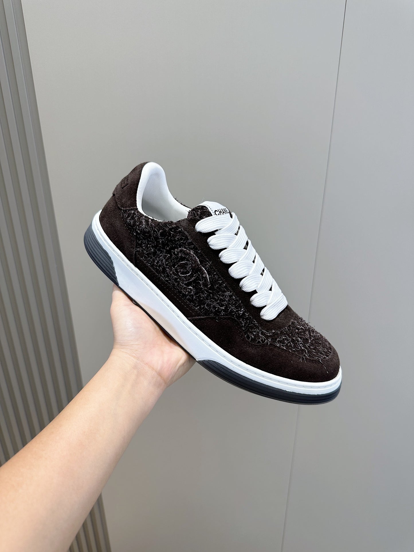 Chanel Tweed Lace Up High Top Sneakers