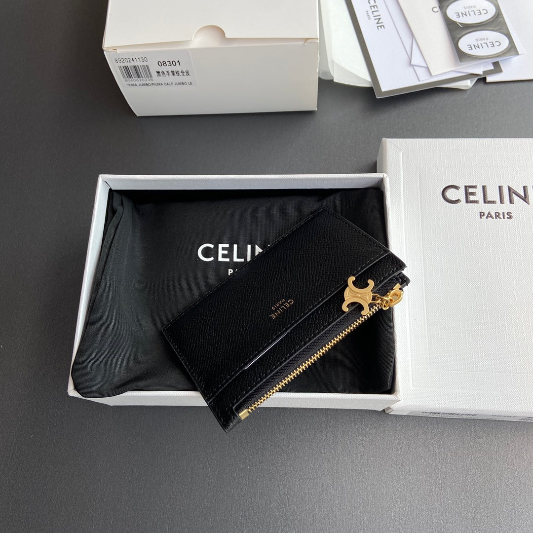 Celine Zipped Card Holder Triomphe Charms in Grained Calfskin