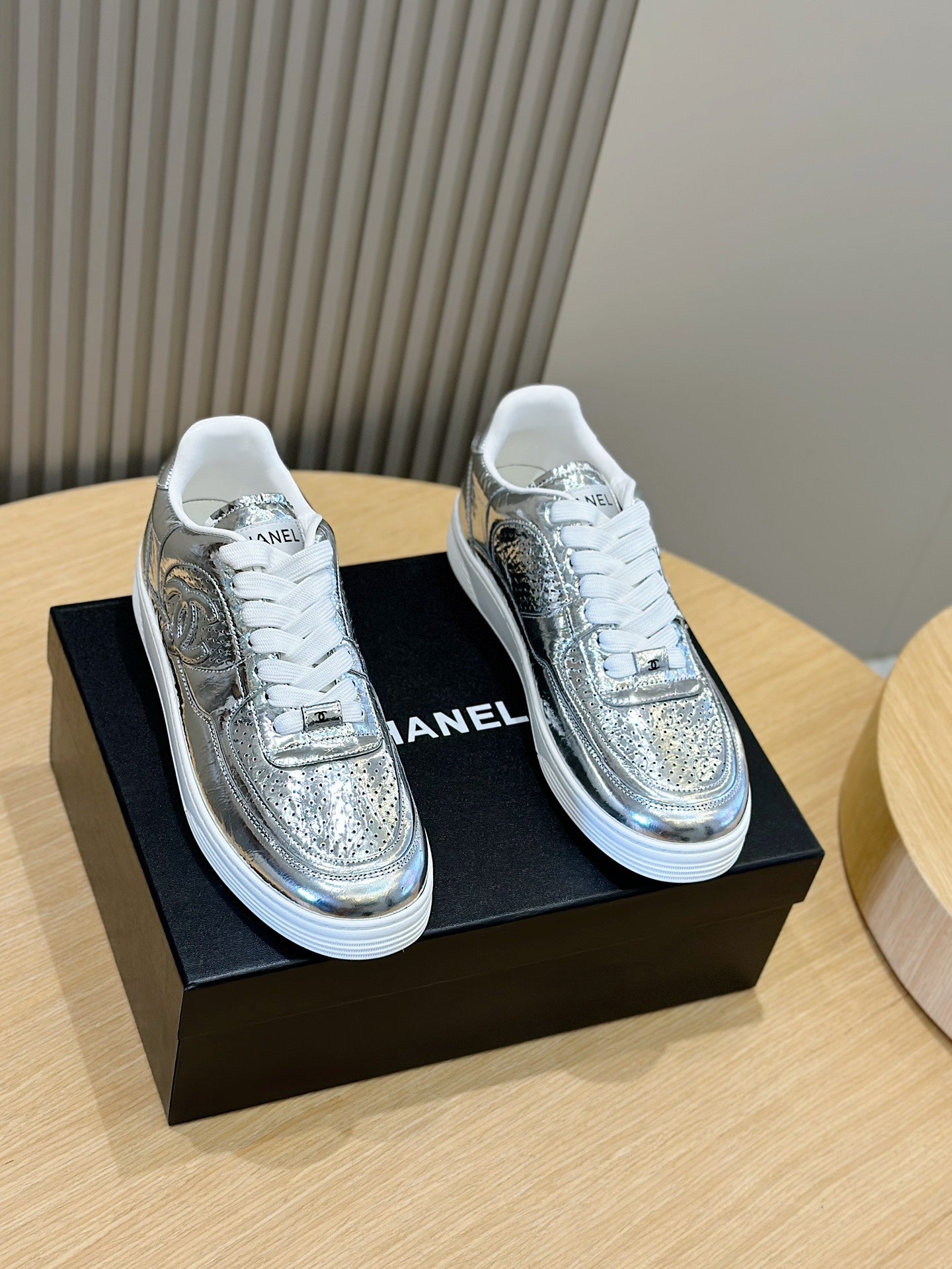 Chanel Tweed Lace Up High Top Sneakers