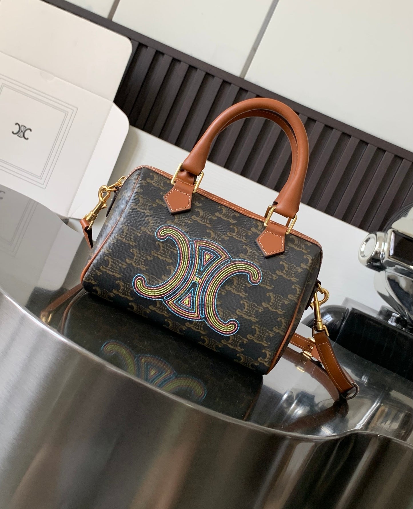 Celine Small Boston in Triomphe Canvas and calfskin