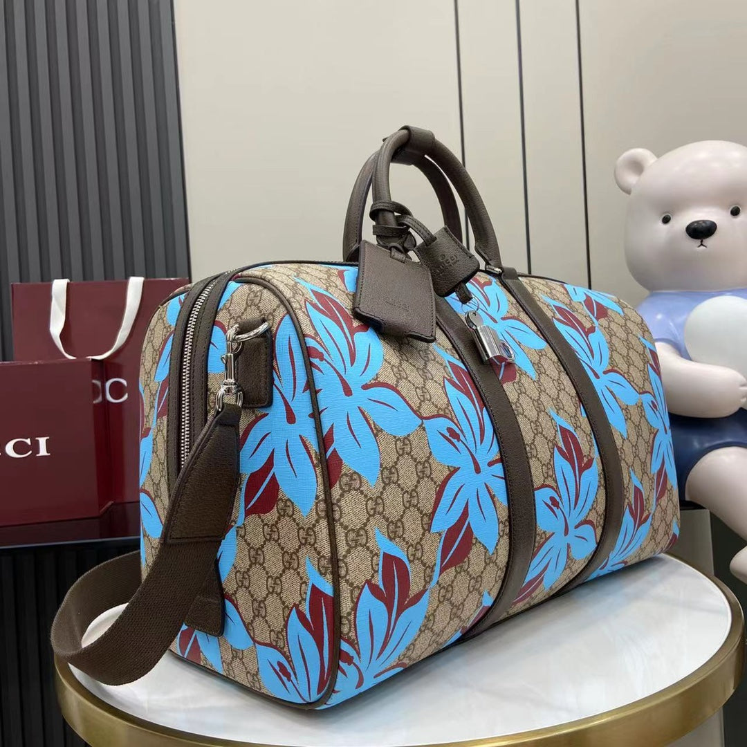 Gucci Floral GG Supreme Duffle Bag – Beige & Dark Brown with Blue Print
