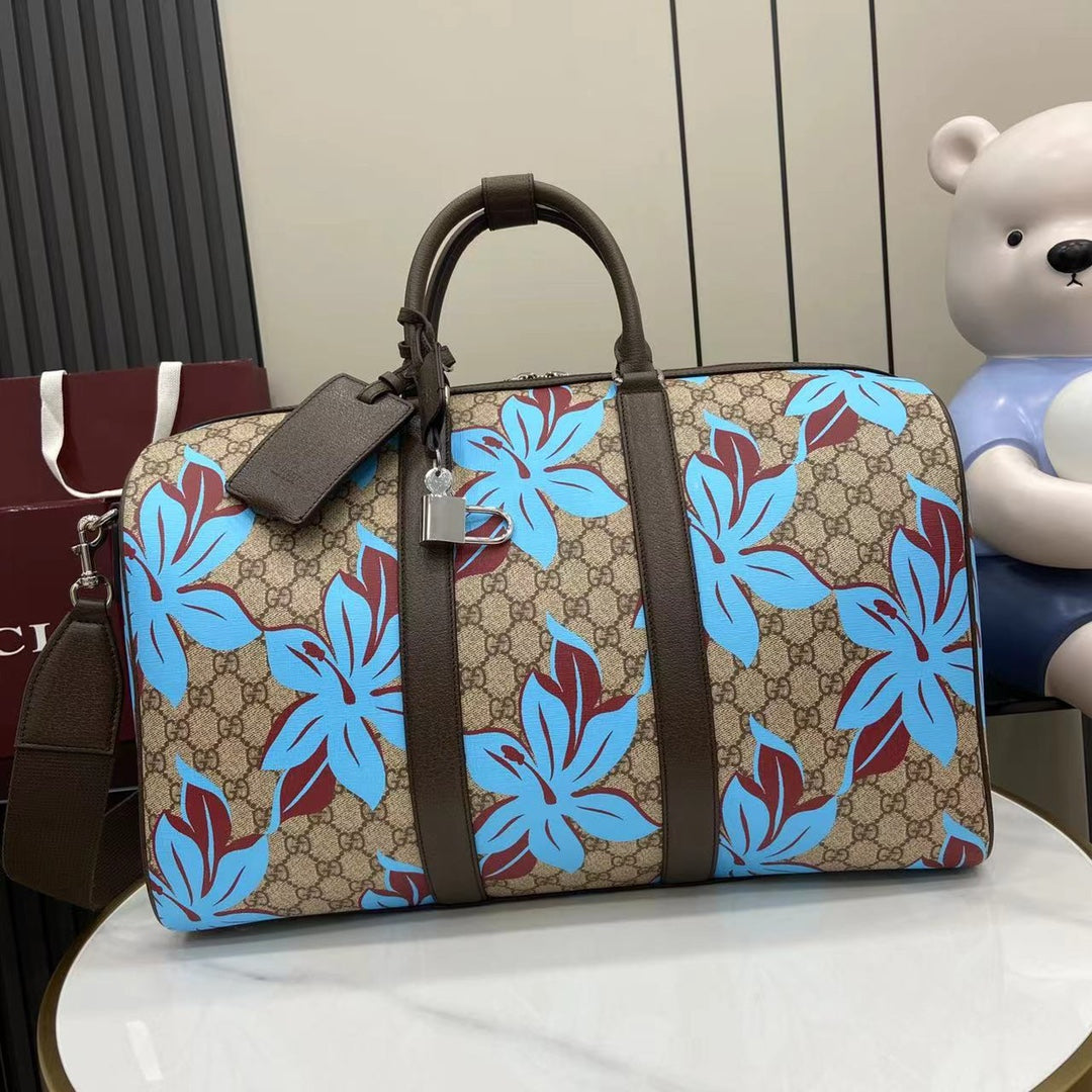 Gucci Floral GG Supreme Duffle Bag – Beige & Dark Brown with Blue Print